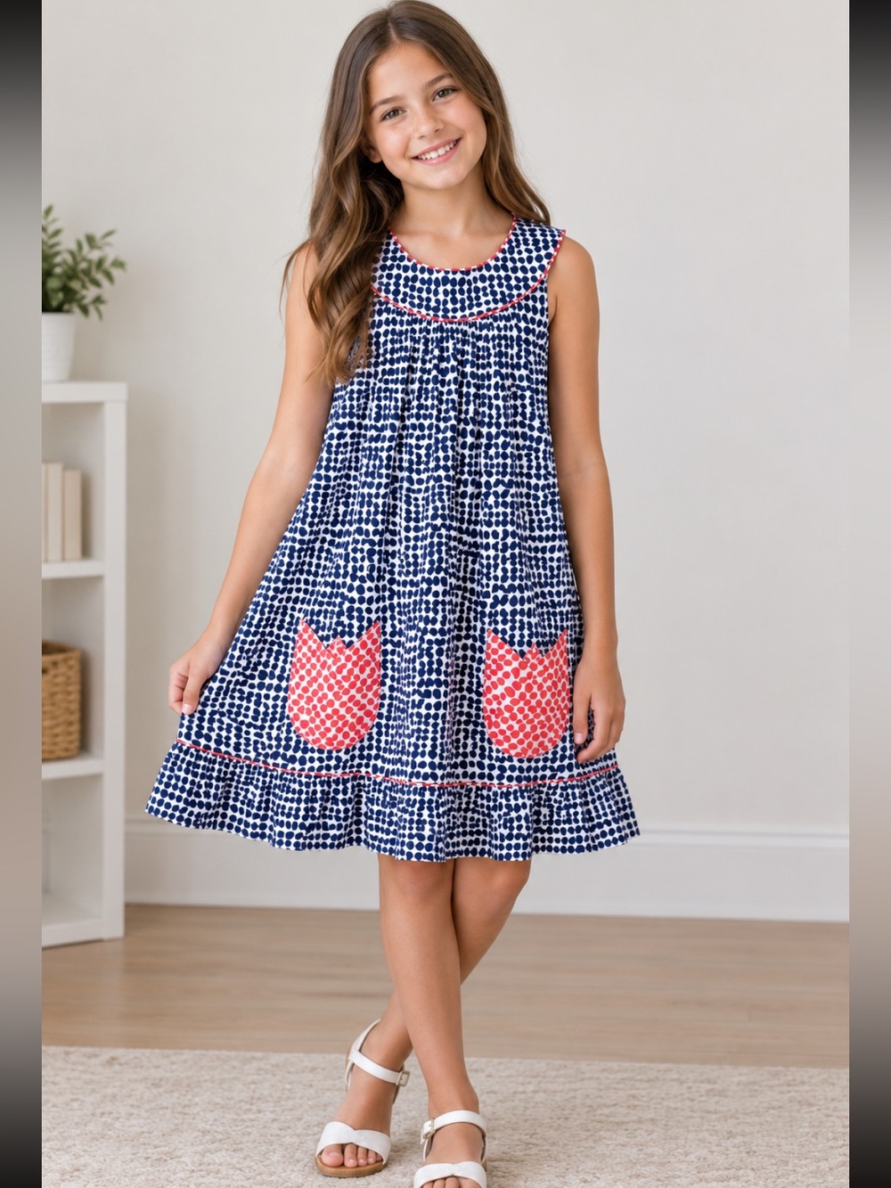 Lucca Navy and Coral Printed girls short Dress